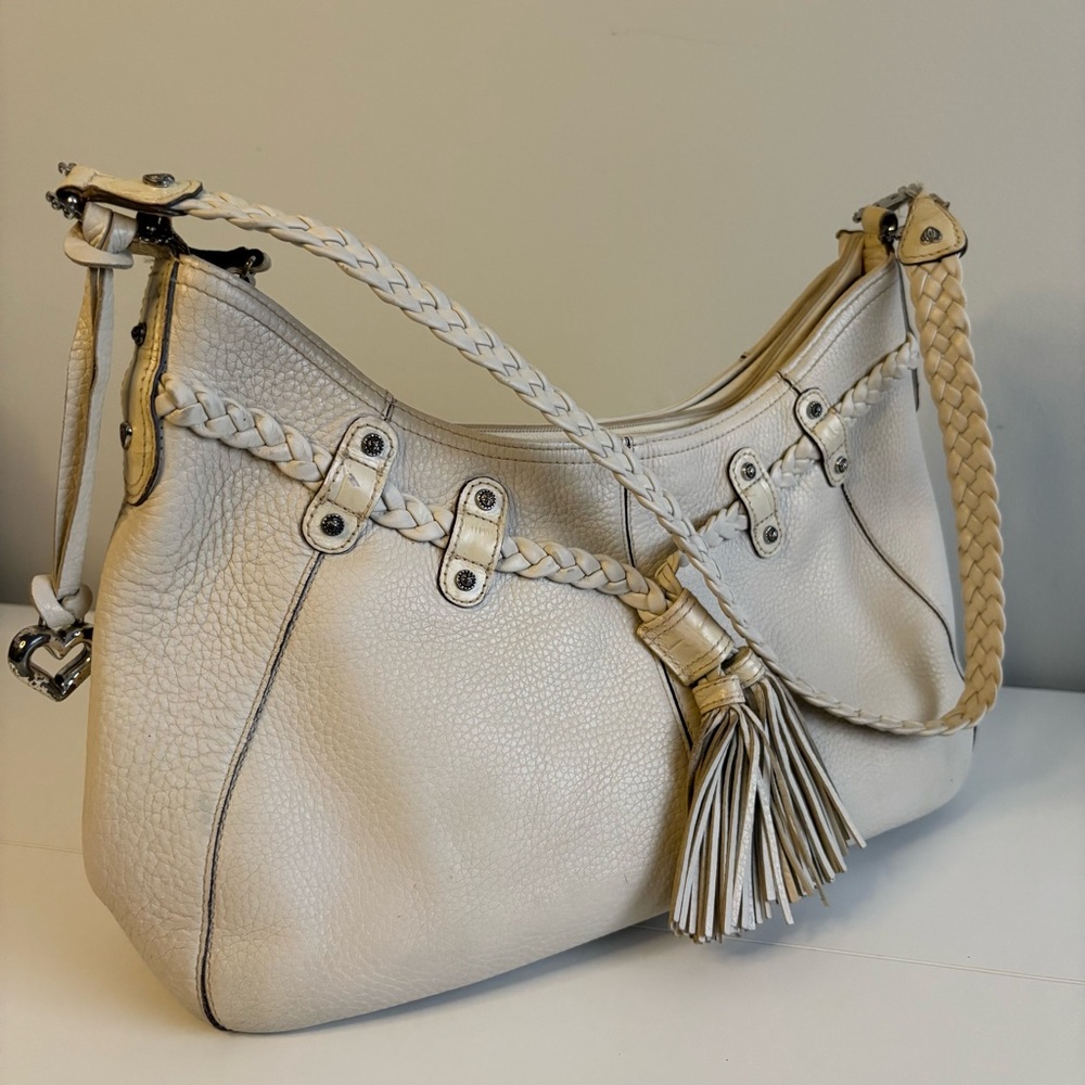 Brighton Cream Leather Tassel Hobo Shoulder Bag Braided Strap Boho